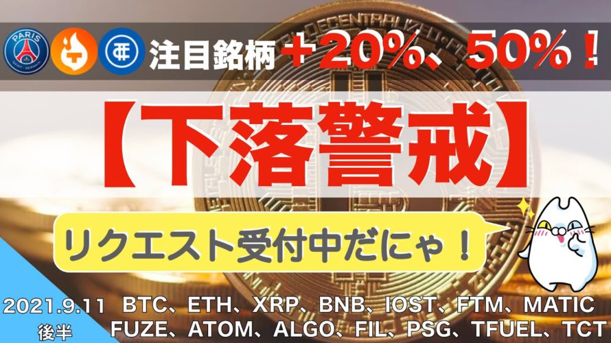 【IOST、FTM、MATIC、FUZE、ATOM、ALGO、FIL、PSG、TFUEL、TCT】下落警戒!注目銘柄+20%、50%!!!(2021年9月11日 相場分析)