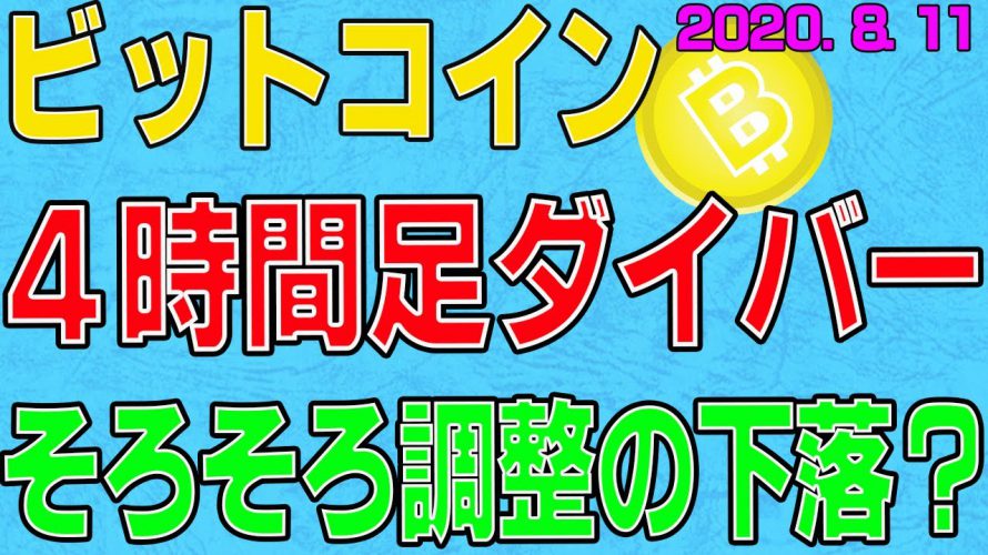 【ビットコイン】仮想通貨　そろそろ調整の下落？４時間足のMACDがダイバージェンス。〈今後の値動きを初心者にもわかりやすくチャート分析〉２０２０．８．１１