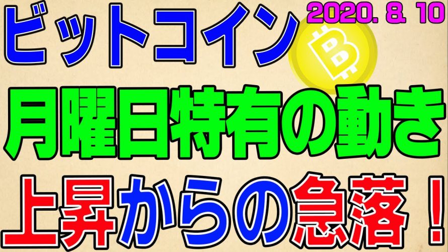 【ビットコイン】仮想通貨　上昇から全戻しの急落！月曜日特有の値動きを覚えておこう！〈今後の値動きを初心者にもわかりやすくチャート分析〉２０２０．８．１０