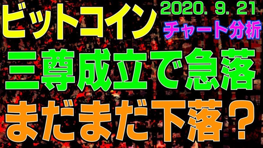 【ビットコイン】仮想通貨 三尊成立で急落!まだまだ下落する?!〈今後の値動きを初心者にもわかりやすくチャート分析〉2020.9.21