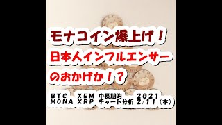 仮想通貨 モナコイン爆上げ!日本人インフルエンサーのおかげか!?【2月11日】BTC,XRP,XEM,MONA中長期的チャート分析