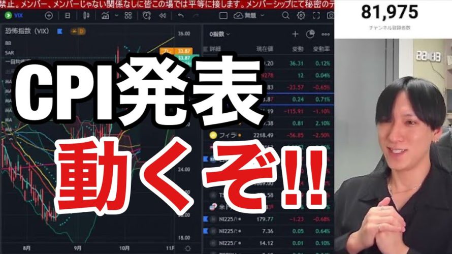 【10/13】CPIついに発表。米国株、日本株の急落止まるのか?円安加速で1ドル=146円台。ビットコイン弱い。金利上昇でナスダック、半導体株の下落加速か?