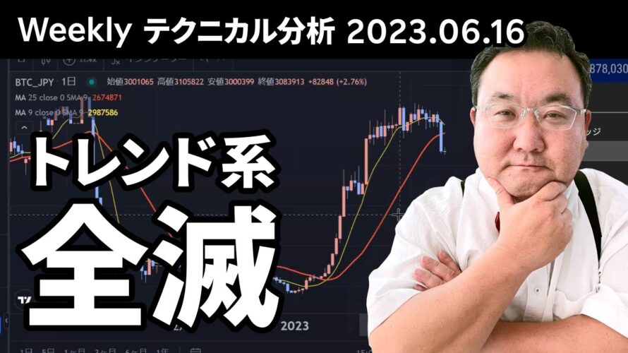 マトリックス法によるテクニカル分析(2023/6/16)ビットコイン、ダマしの可能性残るが、トレンド系はいずれも下方向