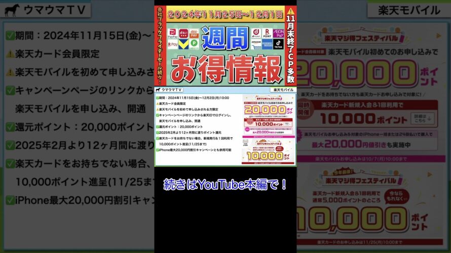 【お得情報】2024年11月25日(月)〜12月1日(日)お得なキャンペーン情報まとめ【PayPay・d払い・auPAY・楽天ペイ・楽天モバイル・Tポイント・クレジットカード・Amazon】