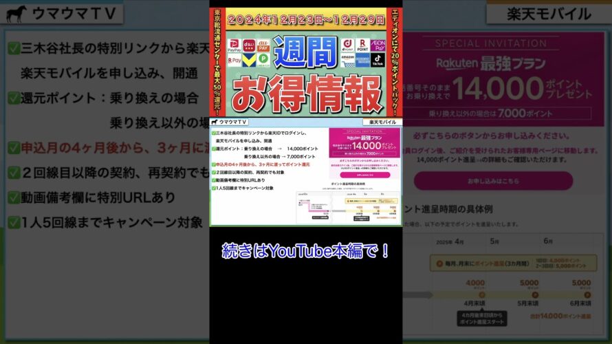【お得情報】2024年12月23日(月)〜12月29日(日)お得なキャンペーン情報まとめ【PayPay・d払い・auPAY・楽天ペイ・楽天モバイル・Tポイント・クレジットカード・Amazon】