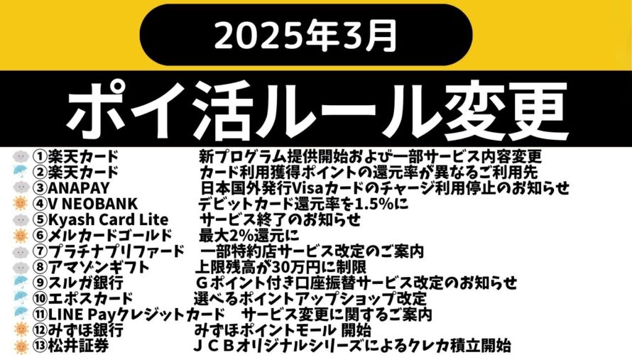 【2025年3月】ポイ活ルール変更をご紹介 (楽天カード、ANAPAY、V NEOBANK、Kyash、メルカード、プラチナプリファード、アマギフ、スルガ銀行、エポスカード、LINE Payクレカ等)