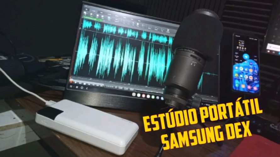 Setup portátil para gravação de voz, Samsung Dex + Monitor portátil e App WavePad