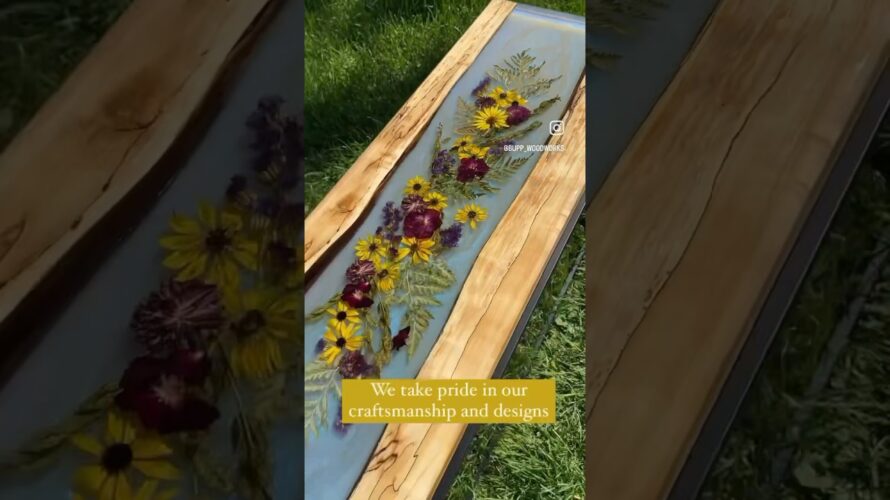 Making custom flower river tables, wedding bouquet floral preservation in wood and resin furniture