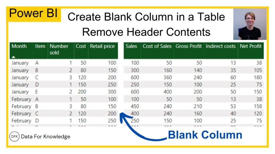 Power BI insert blank column to table and remove wording in column header
