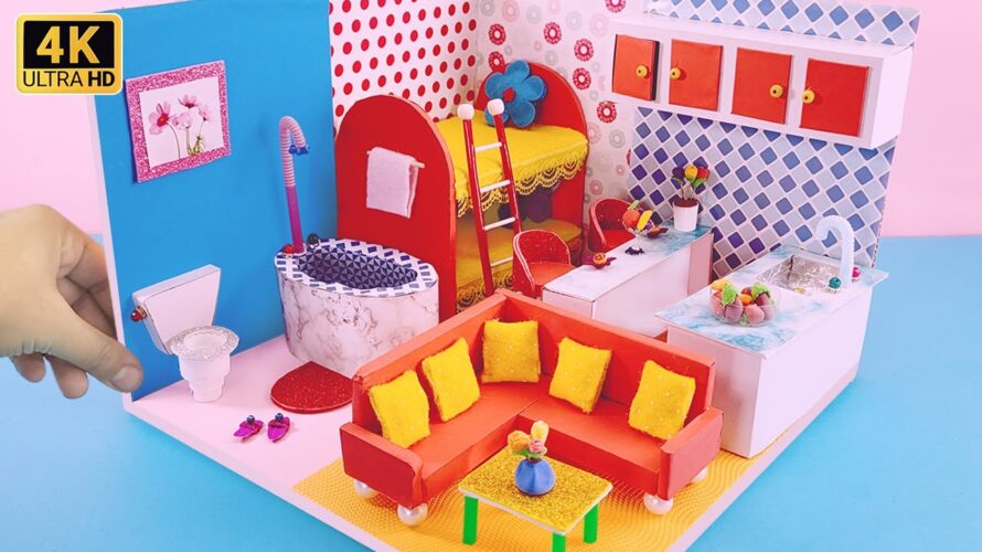 DIY Miniature Cardboard House with Bedroom, Living Room & Kitchen ❤️ Clay Tutorial